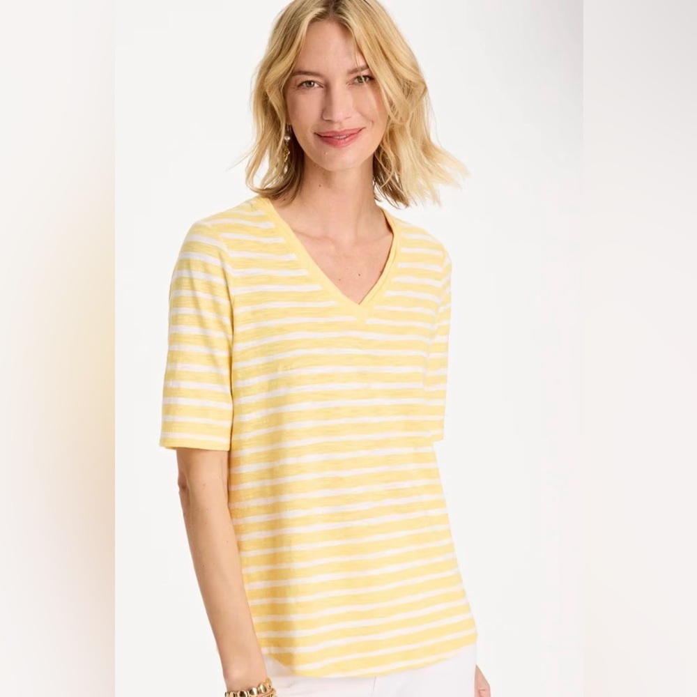 NWT Chico’s Yellow and White Striped V-Neck Short Sleeve Top XL
